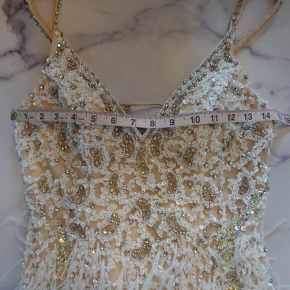 Vintage Y2K Dress 6 Nude Cocktail Party Sequin Beaded Feather Lace Up Back Mini - Picture 10 of 16